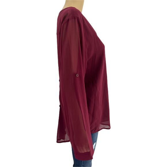 Shein (L) Burgundy Red Sheer Button Back RollTab Long Sleeve Blouse Top - Picture 3 of 10